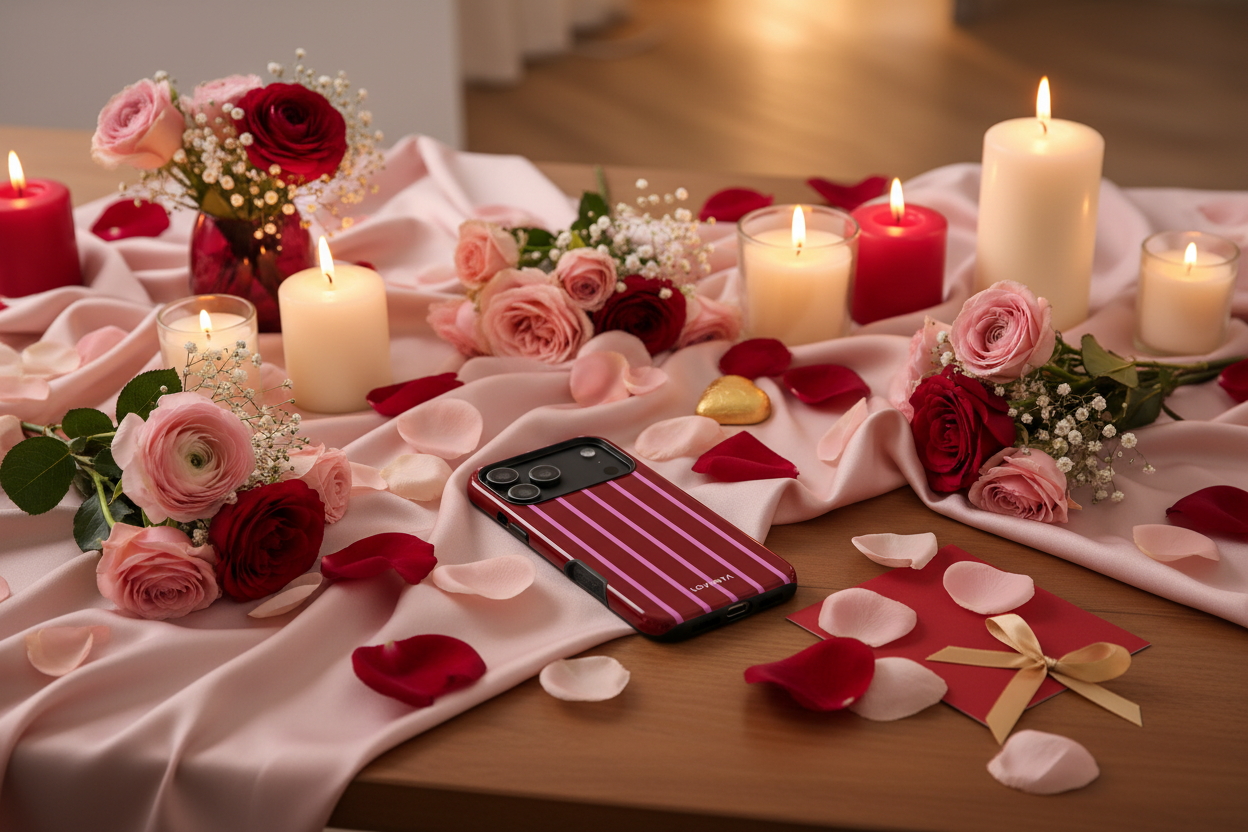 Loventa gestreept hoesje brede Valentijnsdag setting warme belichting